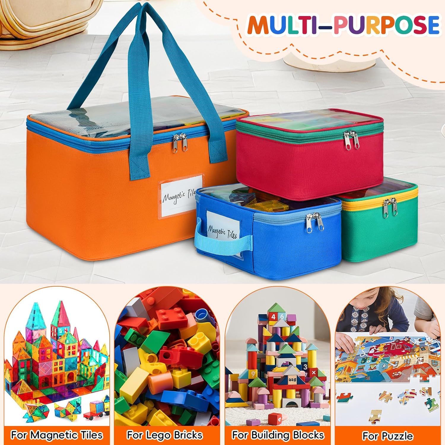 4 Packs Magnetic Tiles Storage Bags,Magnetic Tiles Storage Bin,Toy Organizer Case with Mesh Pocket and Tag Pocket for Magnet Building Tiles,Board Game,Puzzle and Lego Bricks