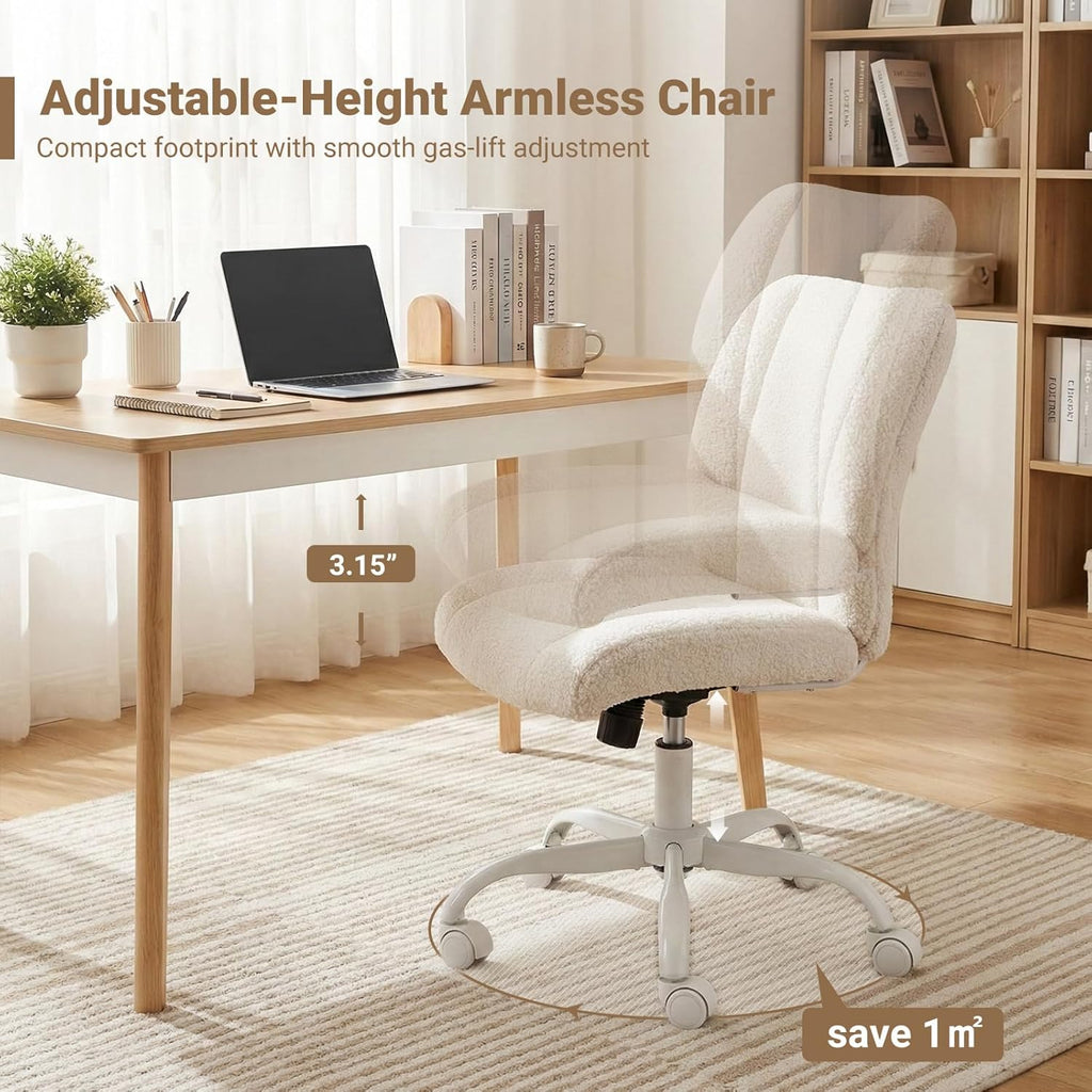Vanity Chair with Wheels, Armless Office Chair Height Adjustable, Cute Desk Chair with Soft Lumbar Support for Small Space, Bedroom, Make-up Room, White