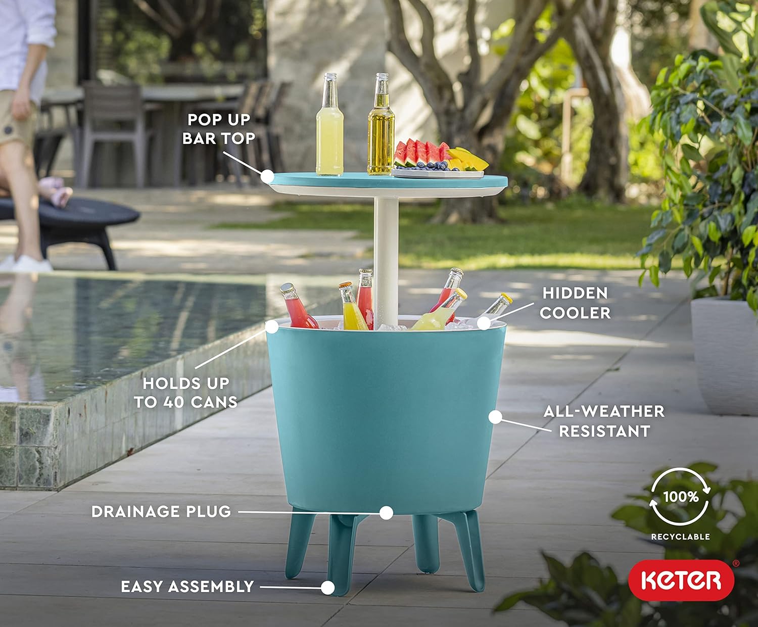 Keter Modern Cool Bar Outdoor Patio Furniture and Hot Tub Side Table with 7.5 Gallon Beer and Wine Cooler, Teal
