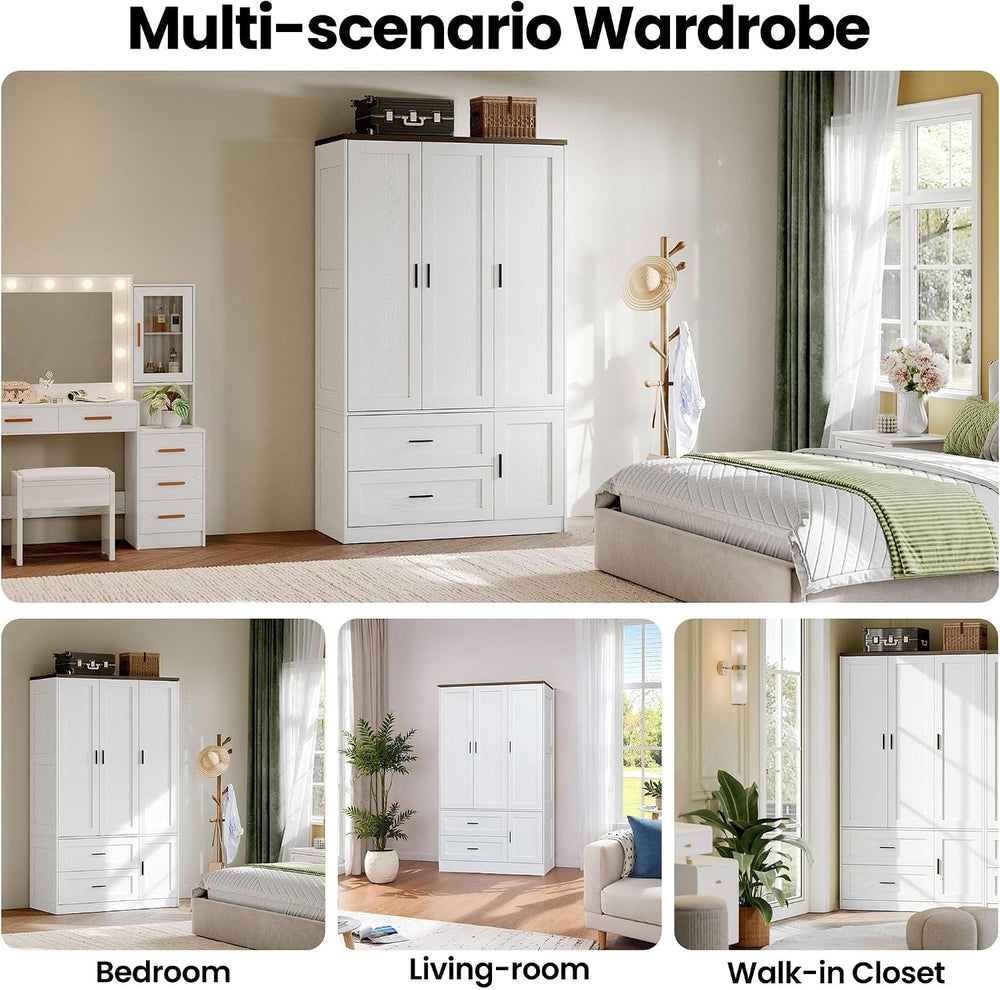 ANCTOR 3-Door Armoire Wardrobe Closet with 2 Drawers and Shelves, White
