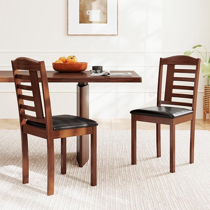 GOFLAME Wooden Dining Chairs Set of 2, Upholstered Kitchen Side Chairs with Faux Leather Padded Seat & Rubber Wood Frame, Mid-Century Dinette Chairs for Dining Room, Restaurant