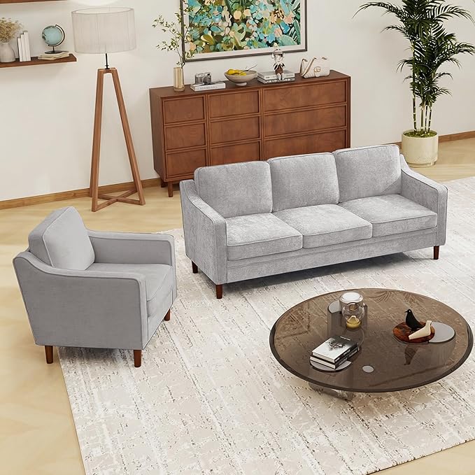 Kingfun Living Room Furniture Sets, 3 Seater Couch and Loveseat, Mid Century Modern Sofa Set, Chenille Couch with Solid Wood Frame for Living Room & Bedroom, Silver Gray