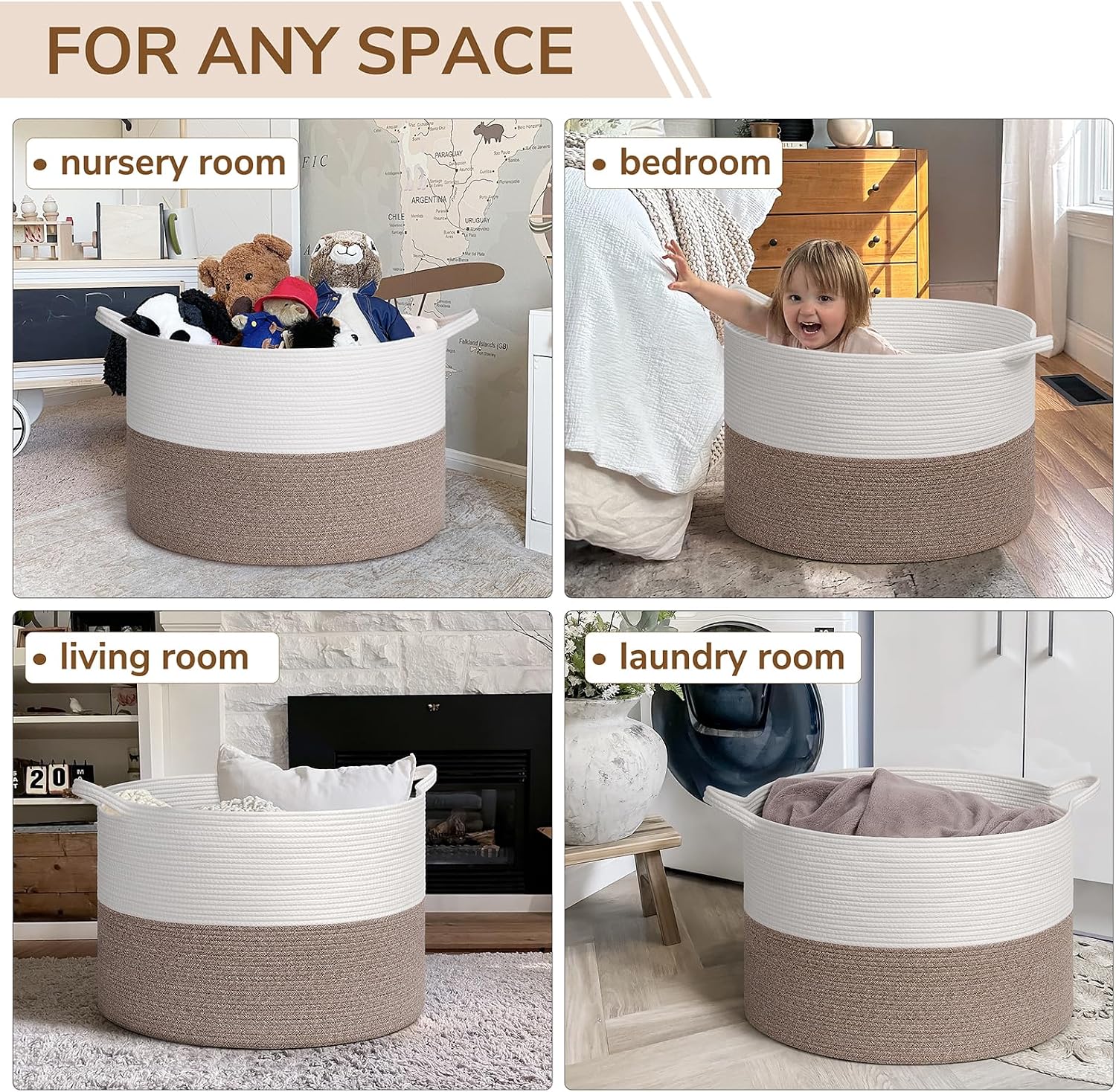 INDRESSME 115L Extra Large Woven Rope Blanket Basket Living Room, Brown | 23.6" x 15.7" Storage baskets for toys laundry & pillows. Fits living room, bedroom or nursery décor. Soft-touch with handles