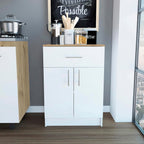 23.6" D*15.9" W*33.5" H Freestanding Kitchen Pantry with Dawer & Shelf, Double Door, Natural Wood Top, Rectangular Storage Cabinet, Modern Minimalist, for Living Room, Dining Room, White