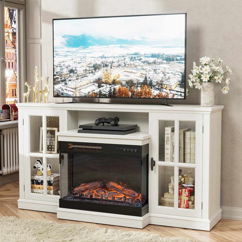 JUMMICO Fireplace TV Stand up to 65", 3-Sided Glass, Distressed White | ...