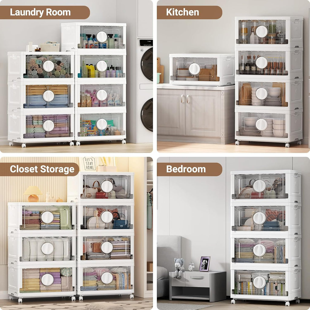 BROVIEW 360Qt Lockable Stackable Storage Bins with Lids, Closet Organizers and Storage Drawer, Collapsible Storage Bin with Wheels, Plastic Cabinet for Toy Clothes Dorm Organizer, V9 3 Pack White