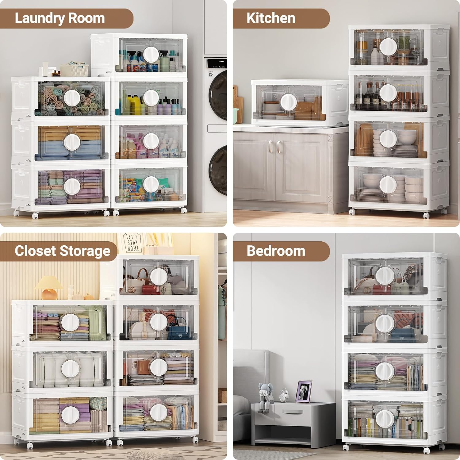 BROVIEW 360Qt Lockable Stackable Storage Bins with Lids, Closet Organizers and Storage Drawer, Collapsible Storage Bin with Wheels, Plastic Cabinet for Toy Clothes Dorm Organizer, V9 3 Pack White