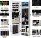 Tektalk Jewelry Cabinet with 3 Groove Mirror Lamps, Full Length Mirror, Wall/Door Mounted Jewelry Armoire Organizer with 3 Color Outside LED Lights & Interior 6 LEDs Light - White