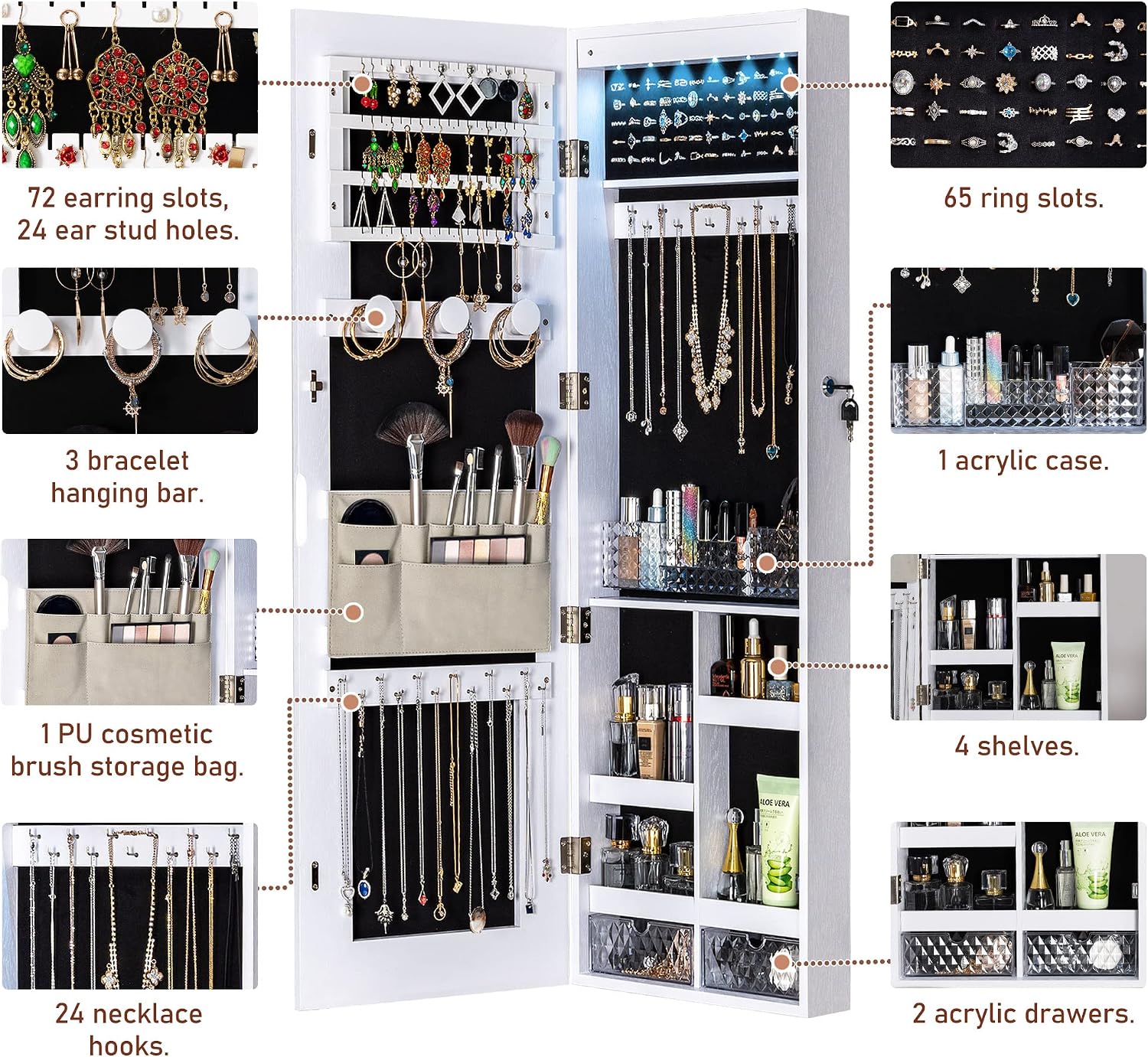 Tektalk Jewelry Cabinet with 3 Groove Mirror Lamps, Full Length Mirror, Wall/Door Mounted Jewelry Armoire Organizer with 3 Color Outside LED Lights & Interior 6 LEDs Light - White