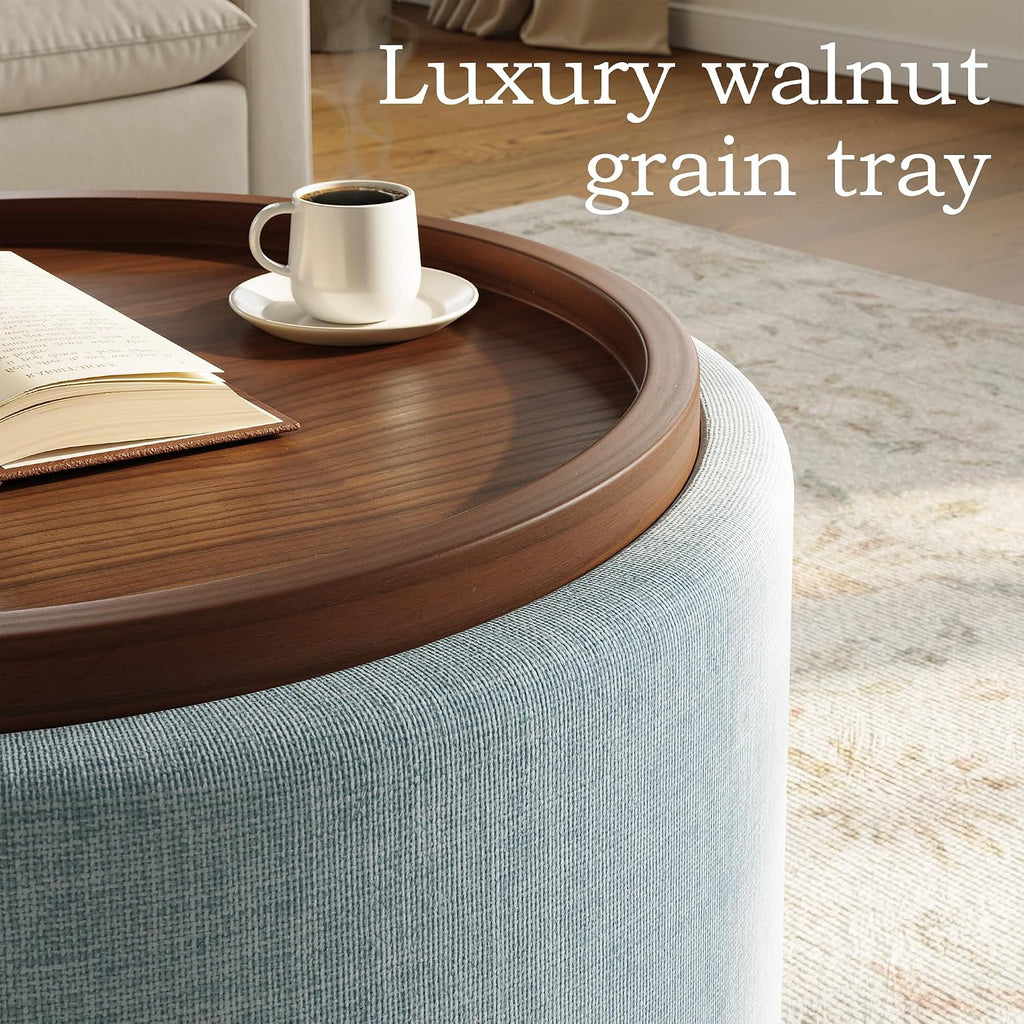 Round Storage Ottoman Coffee Table with Walnut Tray, 30'' Round Ottoman with Storage, Modern Upholstered Coffee Table with with 4 Casters for Living Room, Linen Fabric, Light Blue