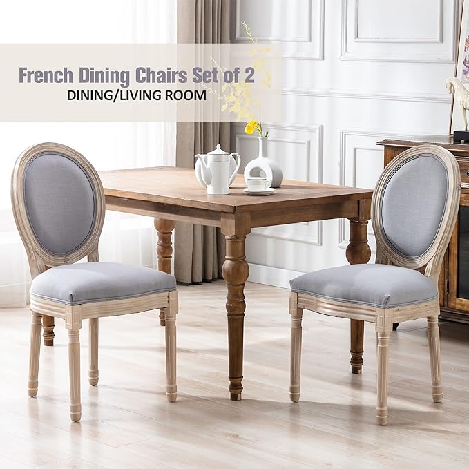 Nrizc French Country Dining Chairs Set of 2, Farmhouse Dining Chairs, Vintage Dining Chair with Round Back, Mid Century Dining Chair, Wood Grey Fabric Chair, for Kitchen, Bedroom, Restaurant