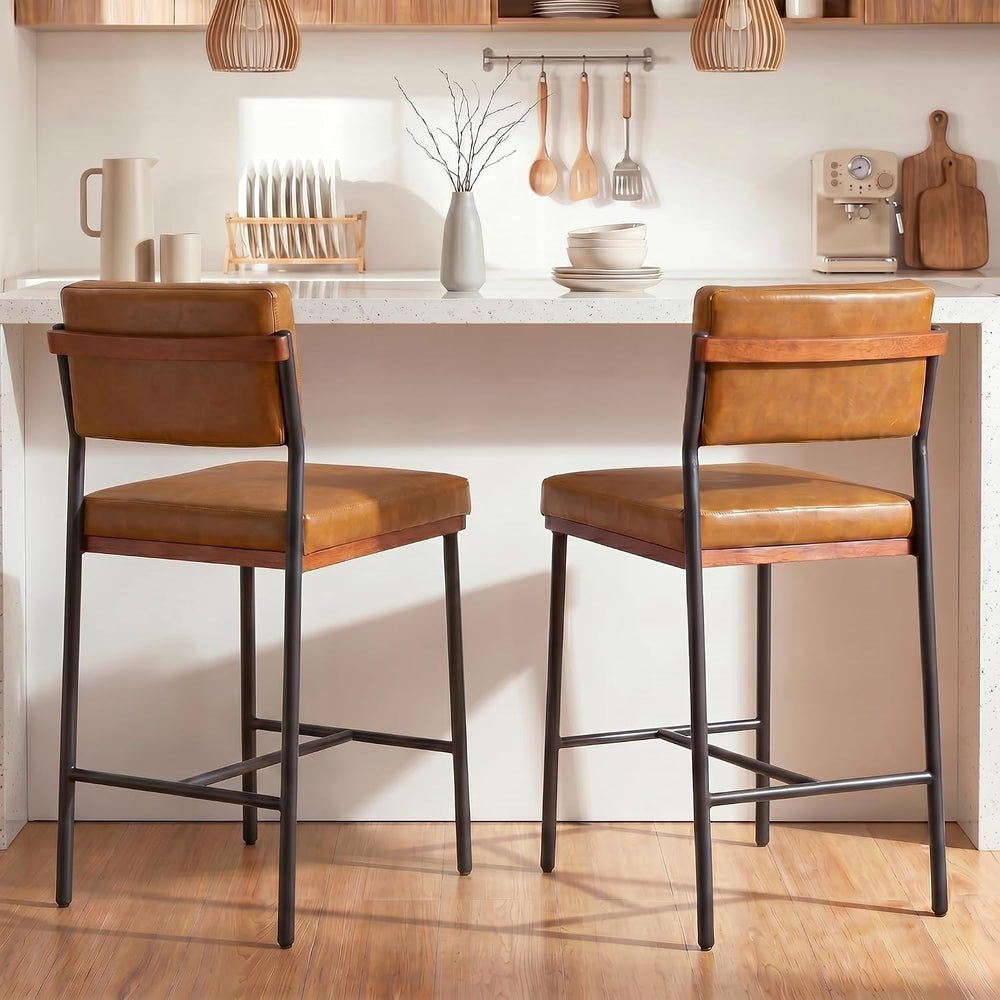 Faux Leather Bar Stools Set of 2,26 Inch Modern Counter Height Bar Stools for...