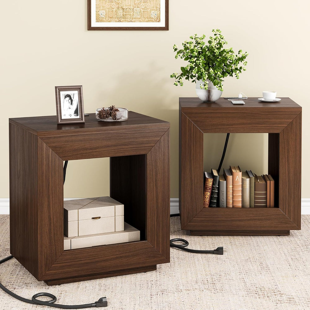 Rustic Wood End Table with Charging Station, 2 Tiered Side Table with Light S...