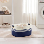 45L Small Laundry Basket with Leather Handles for Living Room Storage, Woven Rope Baskets Bin for Blanket, Kids Toy, Gifts, Wicker Hamper for Bedroom Dirty Clothes, 18"x14"x11" White Navy