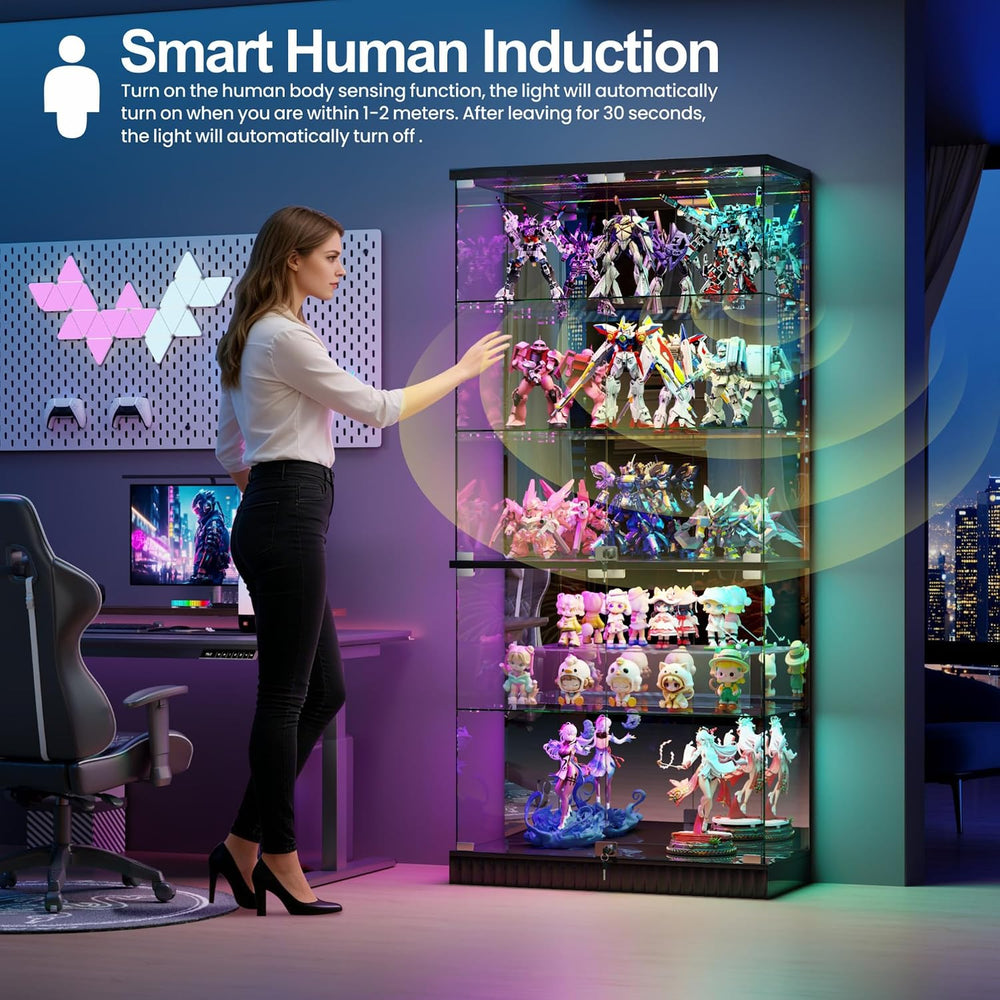 Glass Display Cabinet with Human Body Sensing RGB Lights,5-Tiers Curio Cabine...