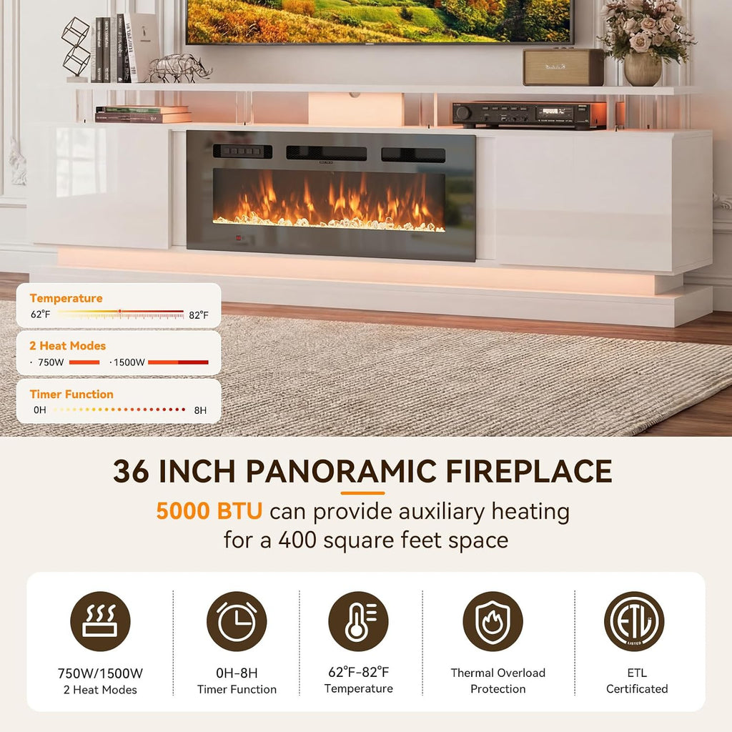 80" Modern Fireplace TV Stand for TVs up to 90", White Entertainment Center with Black Electric Fireplace,Storage Cabinets&Adjustable LED Light, Media Console for Living Room