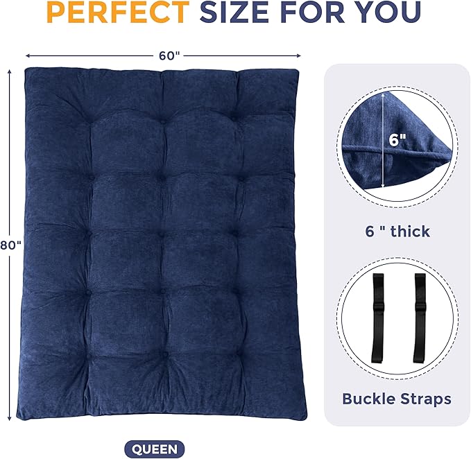 MAXYOYO Japanese Floor Mattress Queen Size, 6" Foldable Futon Mattress Tufted Roll Up Floor Bed, Thick Chenille Tatami Mat Sleeping Pad for Camping Guest Room Dormitory Bedroom RV, Navy