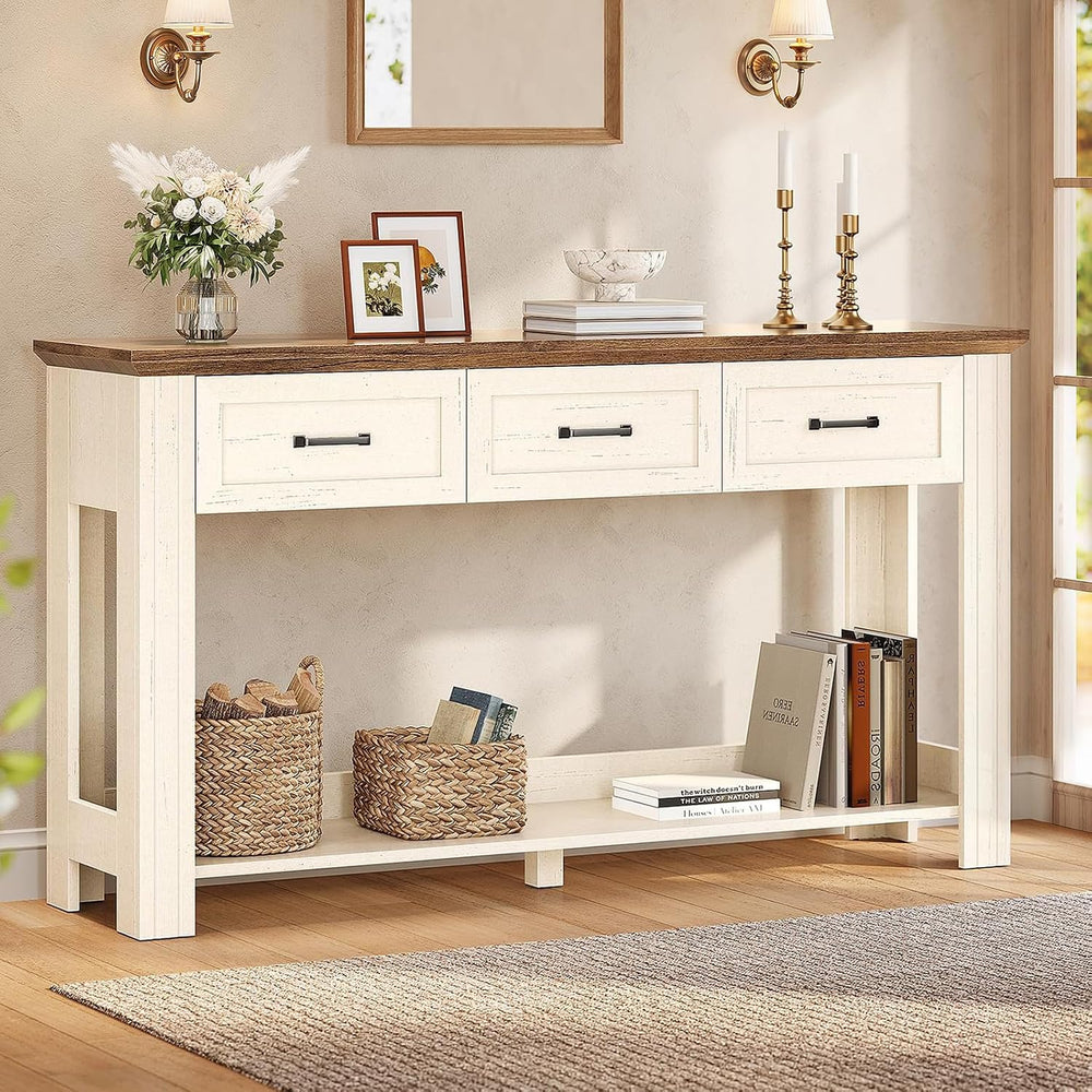55" Farmhouse Console Table with 3 Drawers, Rustic Entryway Table with O...