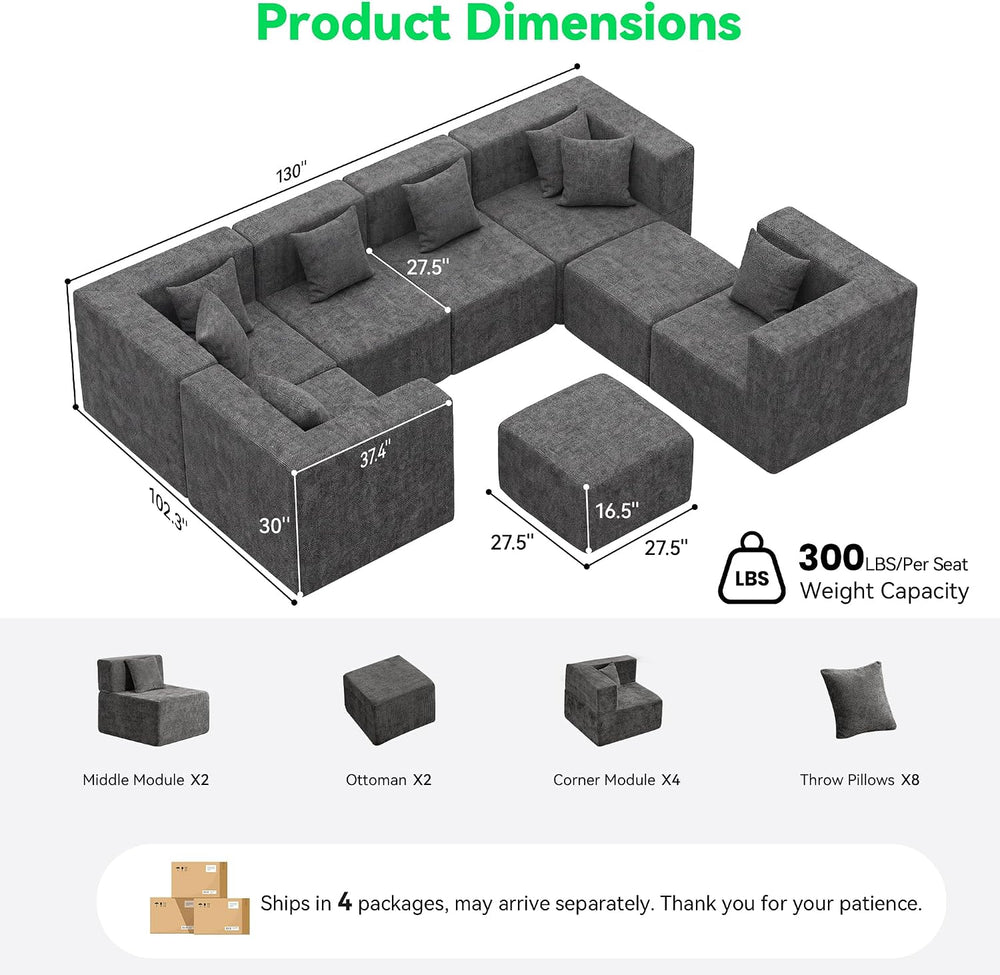MONVANE Oversized Sectional Couch 08-Seat, Chenille, Gray | Sectional Couch f...