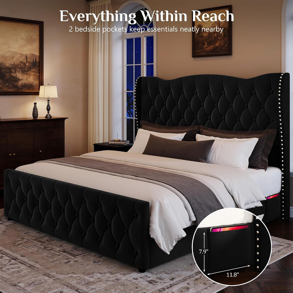 King Size Bed Frame with 53.15" High Crown Headboard, Black