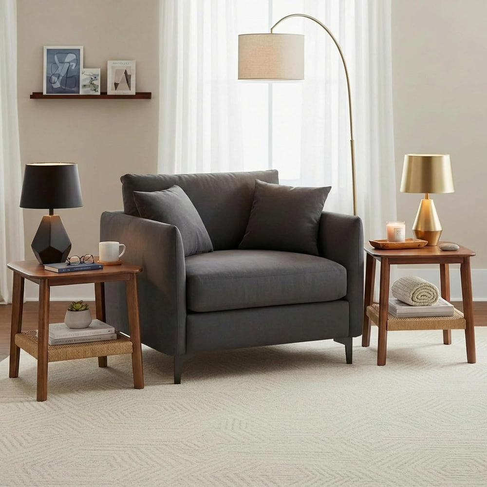 Alaterre Furniture Calais 2-Tier Solid Wood End Table with Woven Storage Shel...