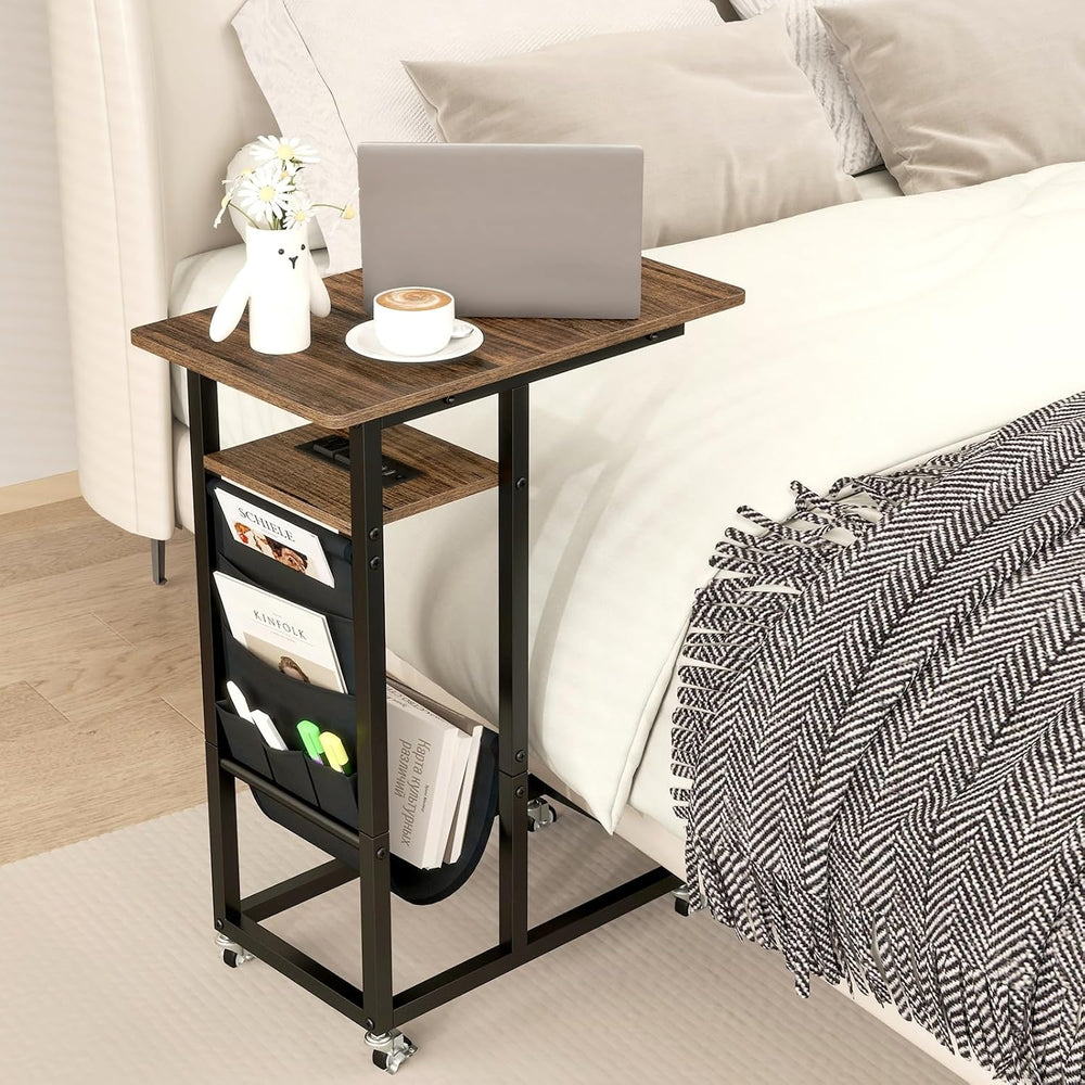 Giantex C Shaped End Table with Charging Station, 27’’H Slide Under Couch Sid...