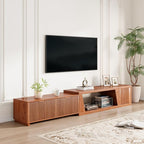 98 Inch TV Stands for Living Room, Wooden Extra Long TV Stand with Adjustable Shelf and Drawers, Flutted Extendable TV Console with Storage Cabinet, Warm Brown Oak (64.57" W-98.43" W)