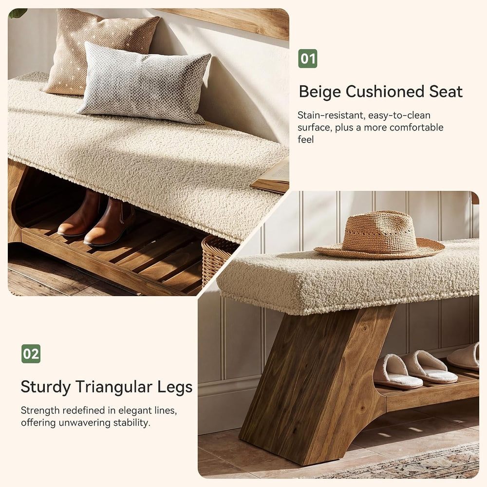 Tribesigns 55" Solid Wood Bench with Cushion and Shoe Storage, 2-Tier Up...