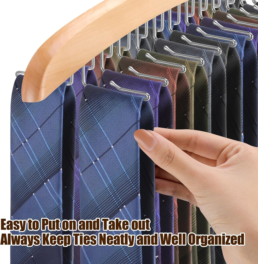 Tie Rack Hanger for Closet,360 Degree Rotating Tie Holder Organizer with 24 Folding Hooks,Wooden Men's Neck Tie Organizer Storage for Belts Tank Tops Scarves
