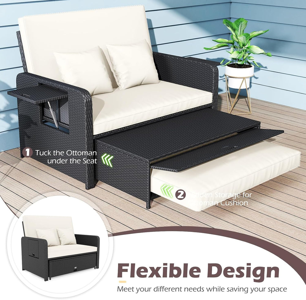 COSTWAY Patio Rattan Daybed with Cushions, Outdoor Wicker Loveseat Sofa with ...