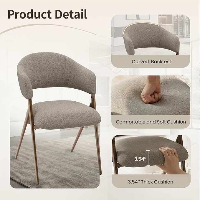 Dining Room Chairs Set of 6, Upholstered Dining Room Chairs, Mid Century Fabric Kitchen Chairs with Curved Backrest and Metal Legs, Taupe