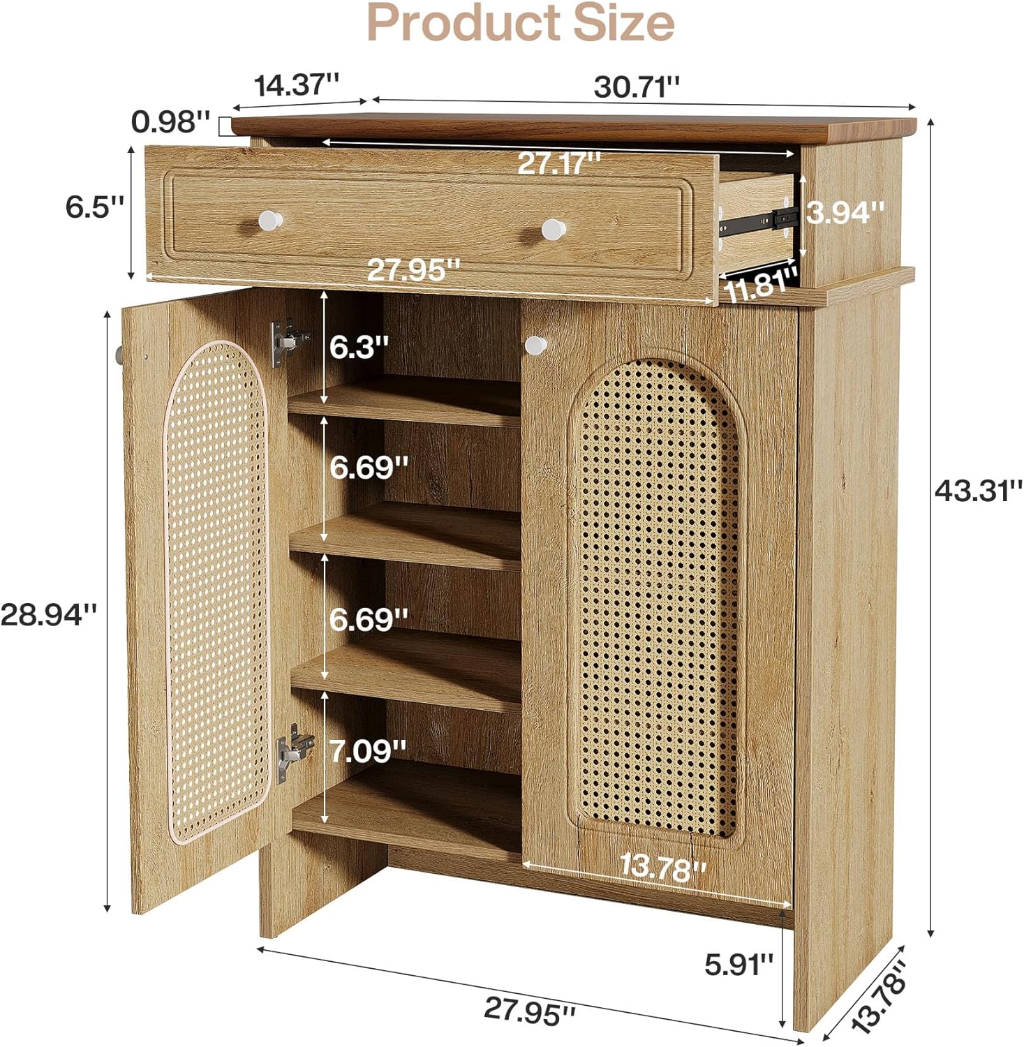 Tribesigns Shoe Cabinet with Doors, 6-Tier Shoe Rack with Drawer and Adjustable Shelves, 43.3" Tall Boho Farmhouse Shoe Storage Cabinet for Entryway, Hallway, Bedroom (Natural & Walnut)