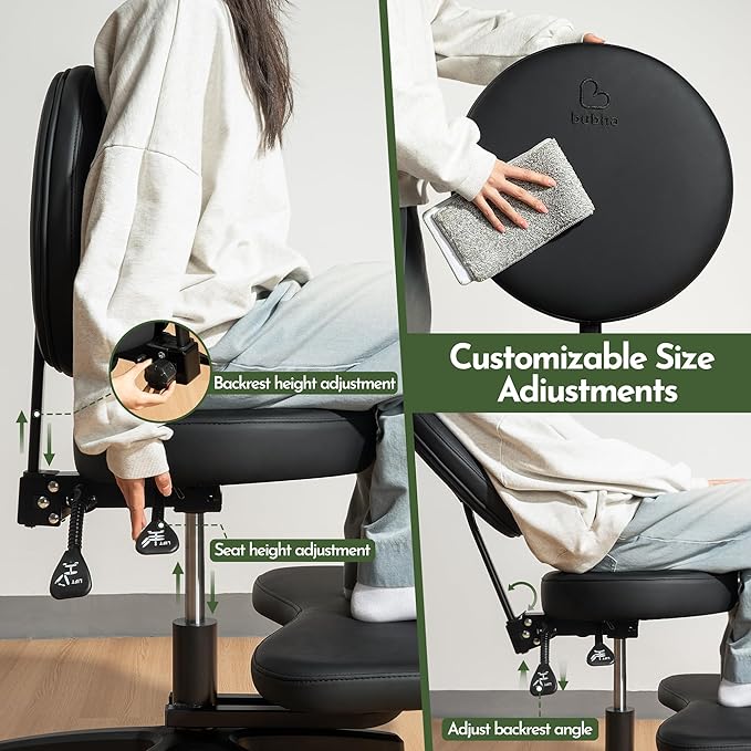 BUBHA Ergonomic Criss Cross Chair, Meditation Chair with Reclining Backrest & Adjustable Height, Cross Legged Office Chair with Wheels, Wide Kneeling Chair Leg Rest,ADHD Desk & Yoga Seat (Black)