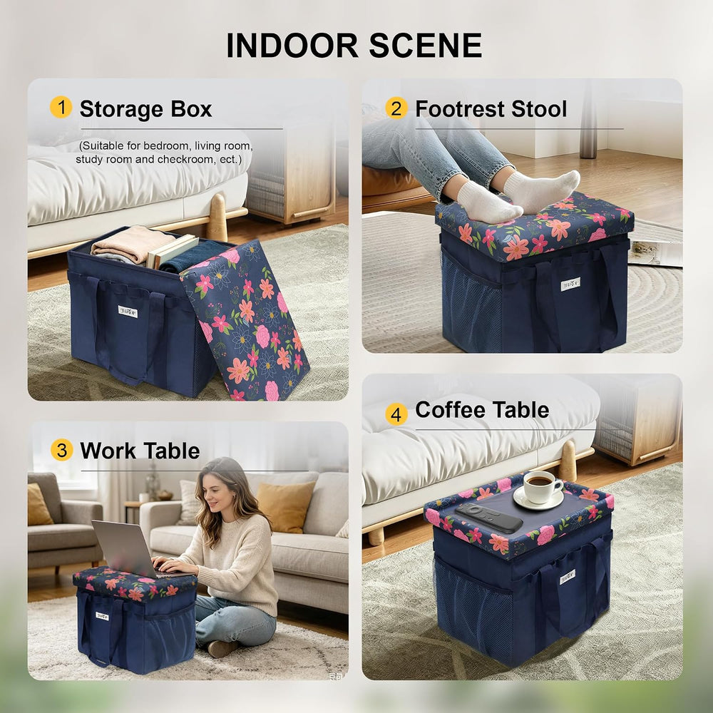 49L Floral Foldable Storage Ottoman 220lb Heavy Duty Sitting Stool | 2-in-1 S...