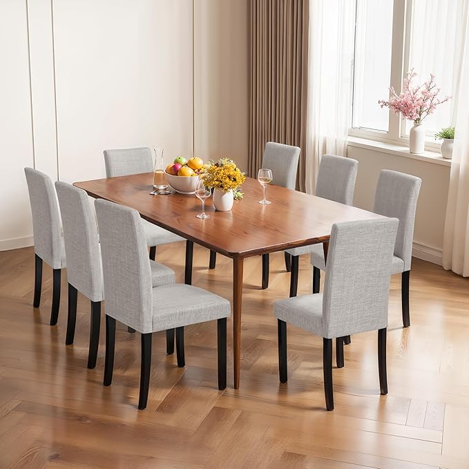 CHUN YI Upholstered Dining Chairs Set of 8, Fabric Dining Room Chairs with Solid Wood Legs, Modern Parson Chairs for Kitchen, Restaurant, Hotel, Light Gray
