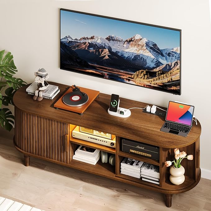 TV Console with Power Outlet-55 Entertainment Center with Sliding Tambour Door, Modern TV Stands for Living Room Bedroom, LED Media Stand with Storage Cabinet and Adjustable Shelves, Walnut