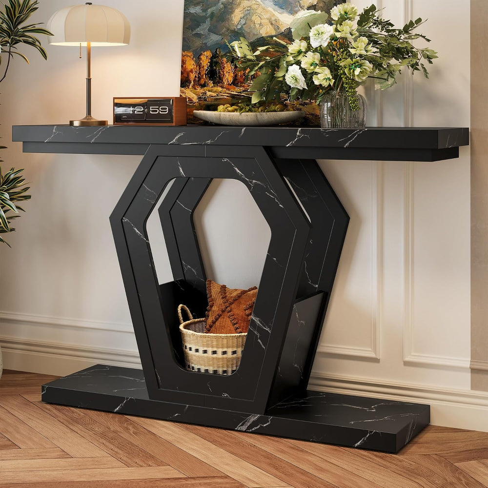 FUSUNBAO 47" Black Marble Console Table,Narrow Wood Sofa Table for Hallw...