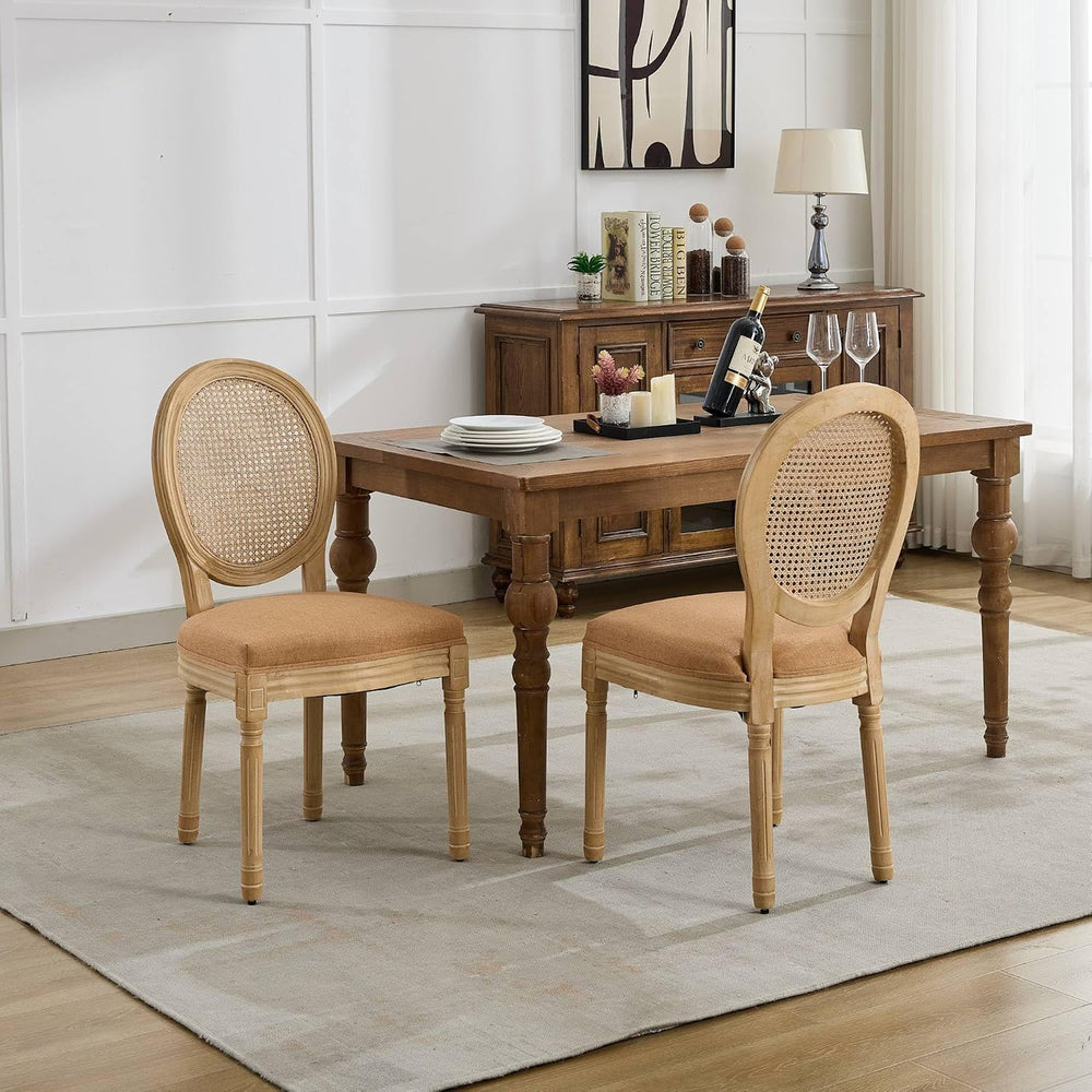 Vintage French Rattan Dining Chairs Set of 4, Round Back Accent Chairs with R...