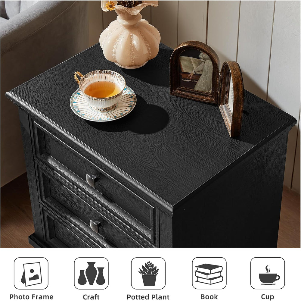 SAVOR LIFE 3-Drawer Nightstand Set of 2 with Solid Wood Legs, Black | Pair of...