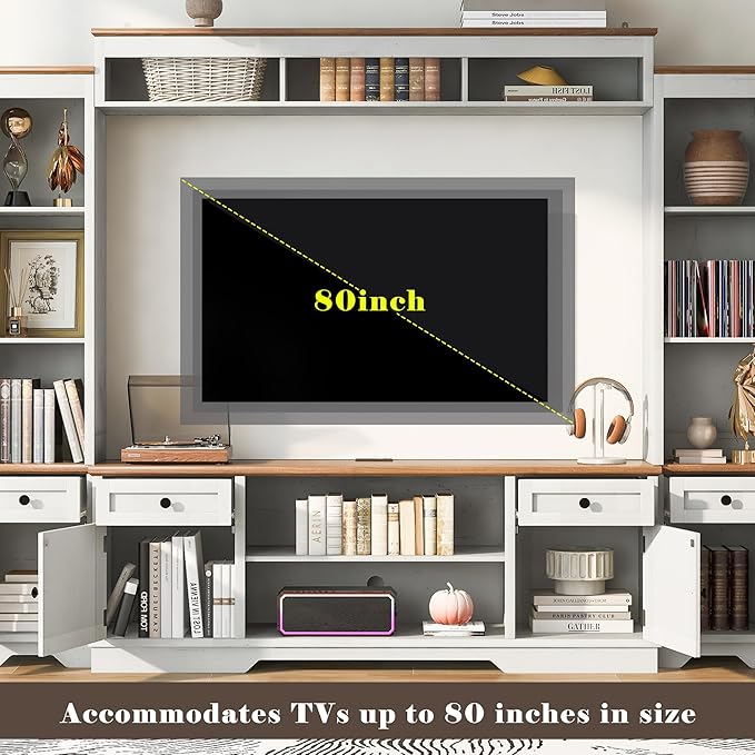 98.8" W Wall Unit Entertainment Center with Bookshelves for TVs up to 80", Modern TV Stand Media Console with Cabinets and Adjustable Shelves for Living Room (White+Walnut2)