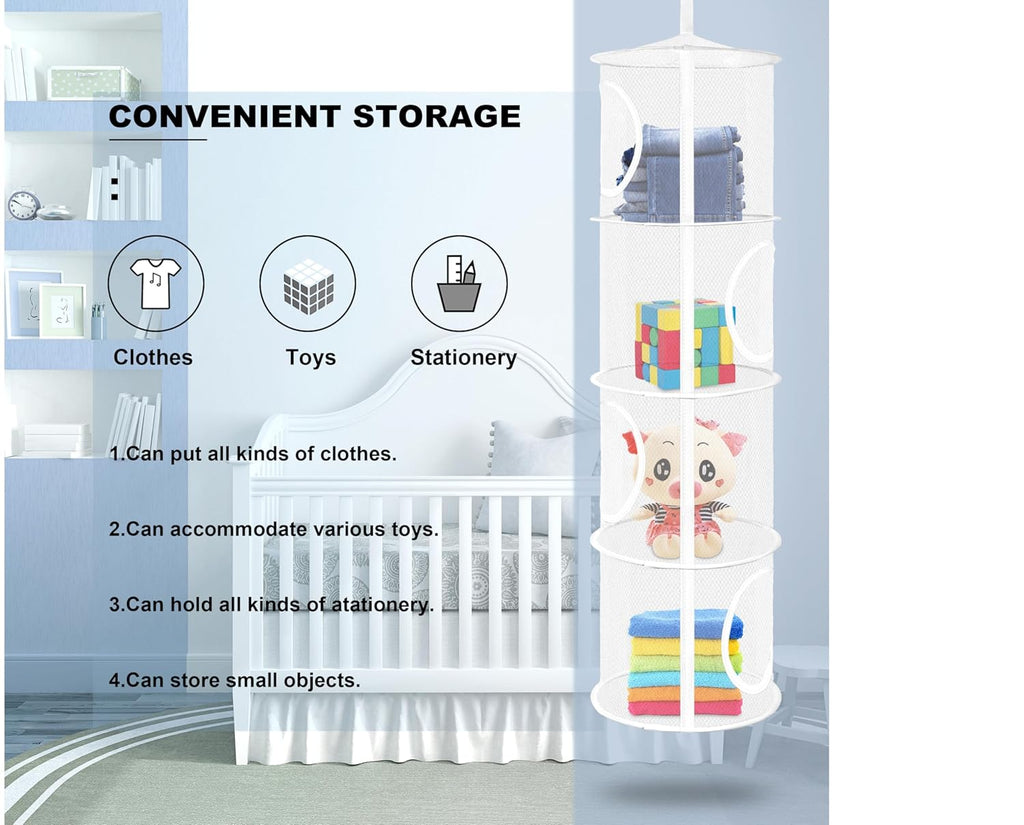 Libeder Stuffed Animal Storage, Mesh Hanging Storage Space Saver Bags Organizer,Foldable Storage Organizer 4 Compartments Toy Storage Basket for Kids Room Bathroom