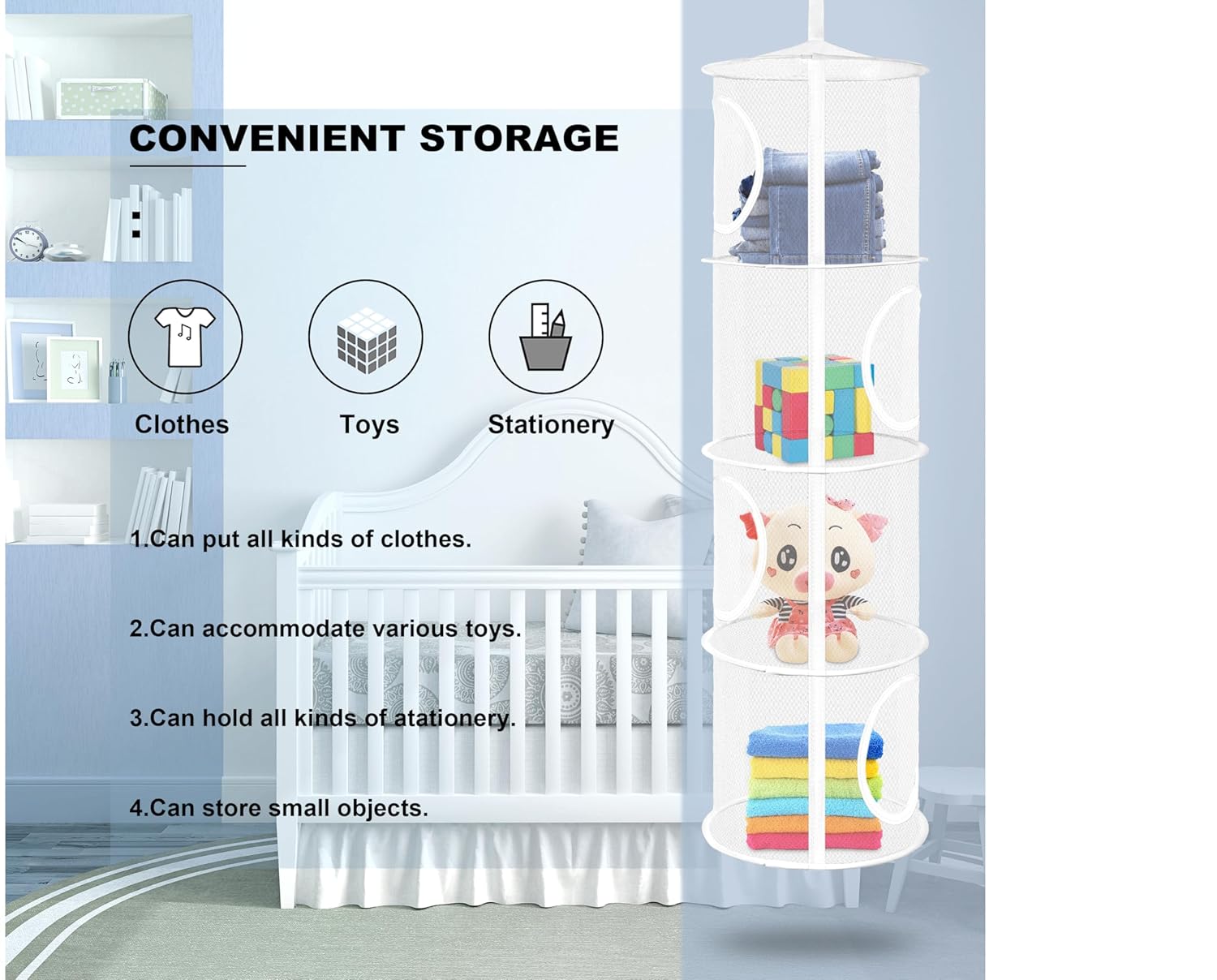 Libeder Stuffed Animal Storage, Mesh Hanging Storage Space Saver Bags Organizer,Foldable Storage Organizer 4 Compartments Toy Storage Basket for Kids Room Bathroom