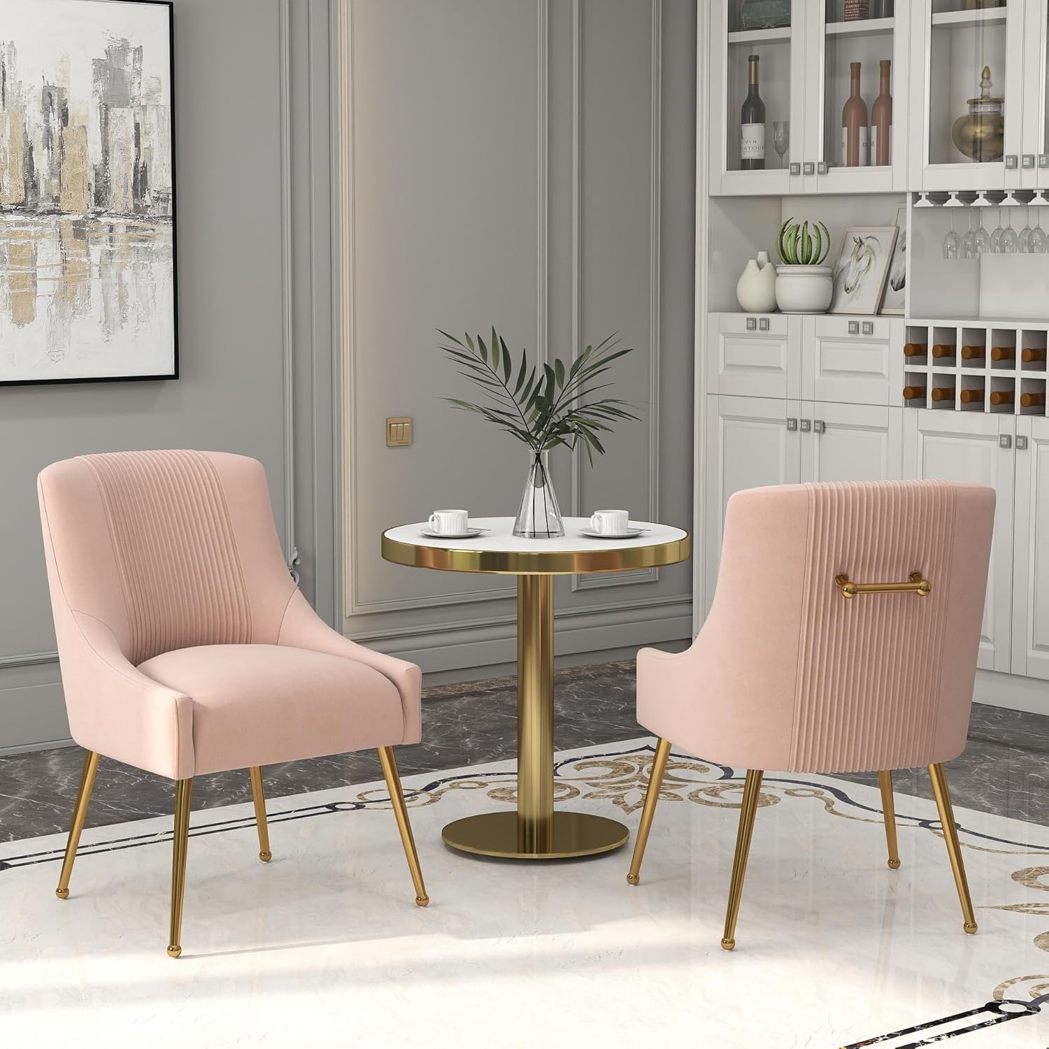 Dining Chairs,Modern Living Room Chairs, Velvet Upholstered Dining Room Chairs with Gold Legs,Tufted Accent Chair Set of 6 for Reception Room Bedroom Study Room(Pink)