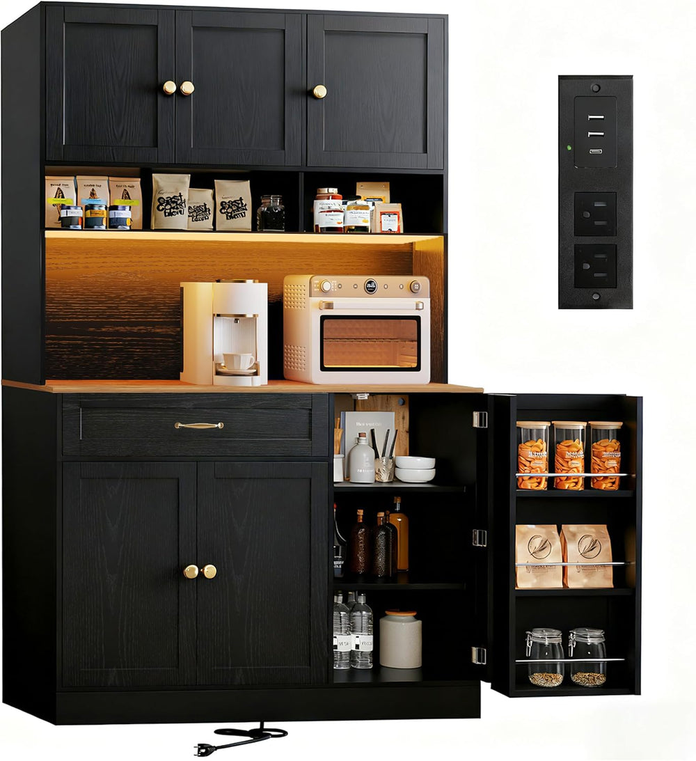 FJTJBSI 72" Kitchen Pantry Cabinet with LED Light and Charging Station T...