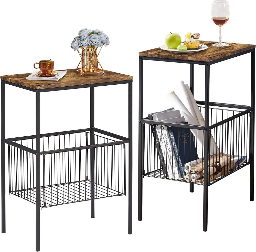 VECELO Tall End Table with Metal Basket,Nightstand with Shelf Storage Organiz...