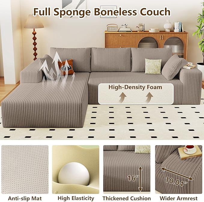 96" Modular Sectional Couch, Boneless L Shaped Cloud Sofa with Chaise Lounge, Corduroy Upholstered Couches Memory Foam Deep Seat, No Assembly Required, Ideal for Living Room(Camel, Left Facing)