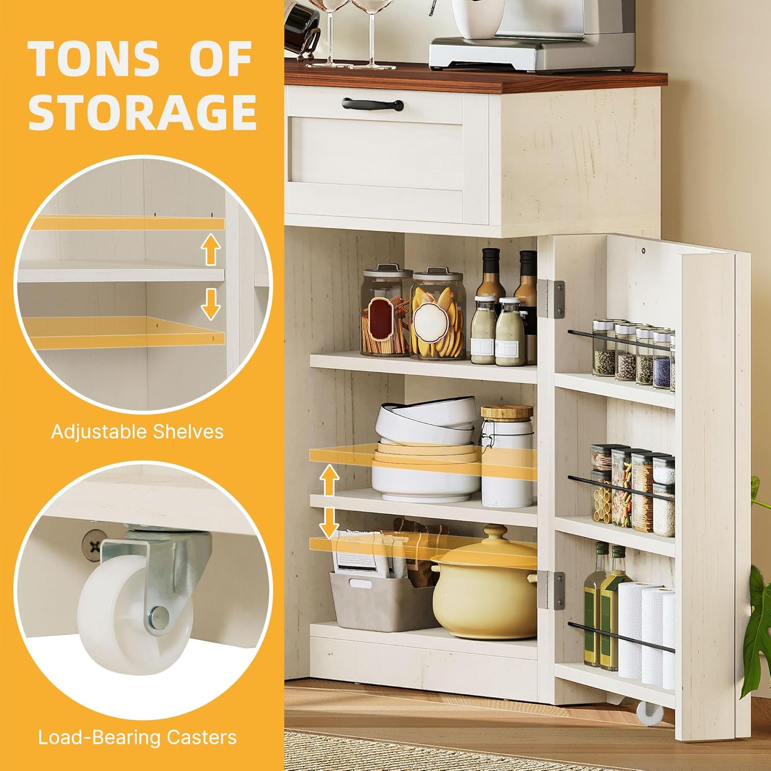 DWVO 58.3" Rustic Kitchen Island Storage Cabinet | Tilt Out Trash Can Cabinet, Farmhouse Kitchen Island with 3 Drawers, 2 Tilt-Out Doors for 10 Gallon Bins, Adjustable Shelf