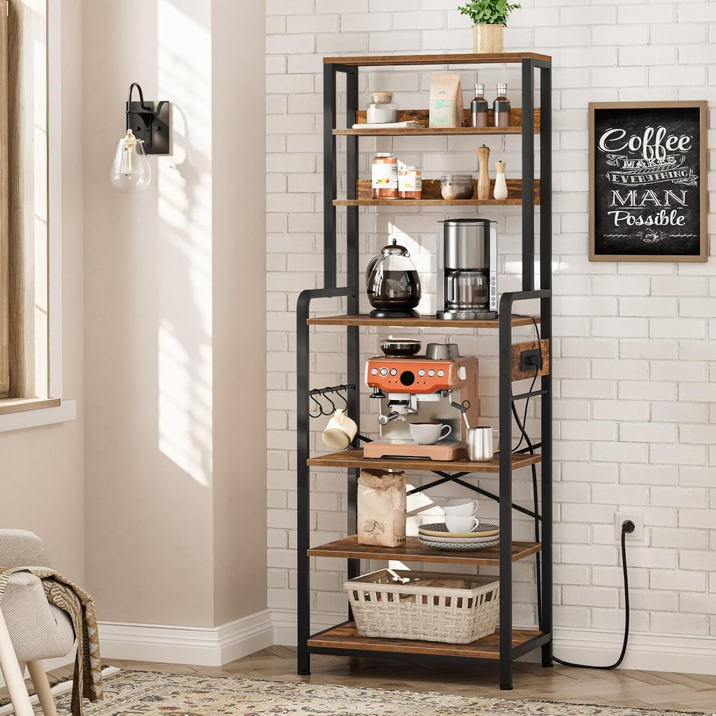 HOOBRO Bakers Rack with Power Outlet, 68.1inch Height Microwave Stand with 4 S-Shaped Hooks, 7-Tier Kitchen Storage Shelf Rack, Coffee Bar, for Kitchen, Living Room, Rustic Brown BF06HB01