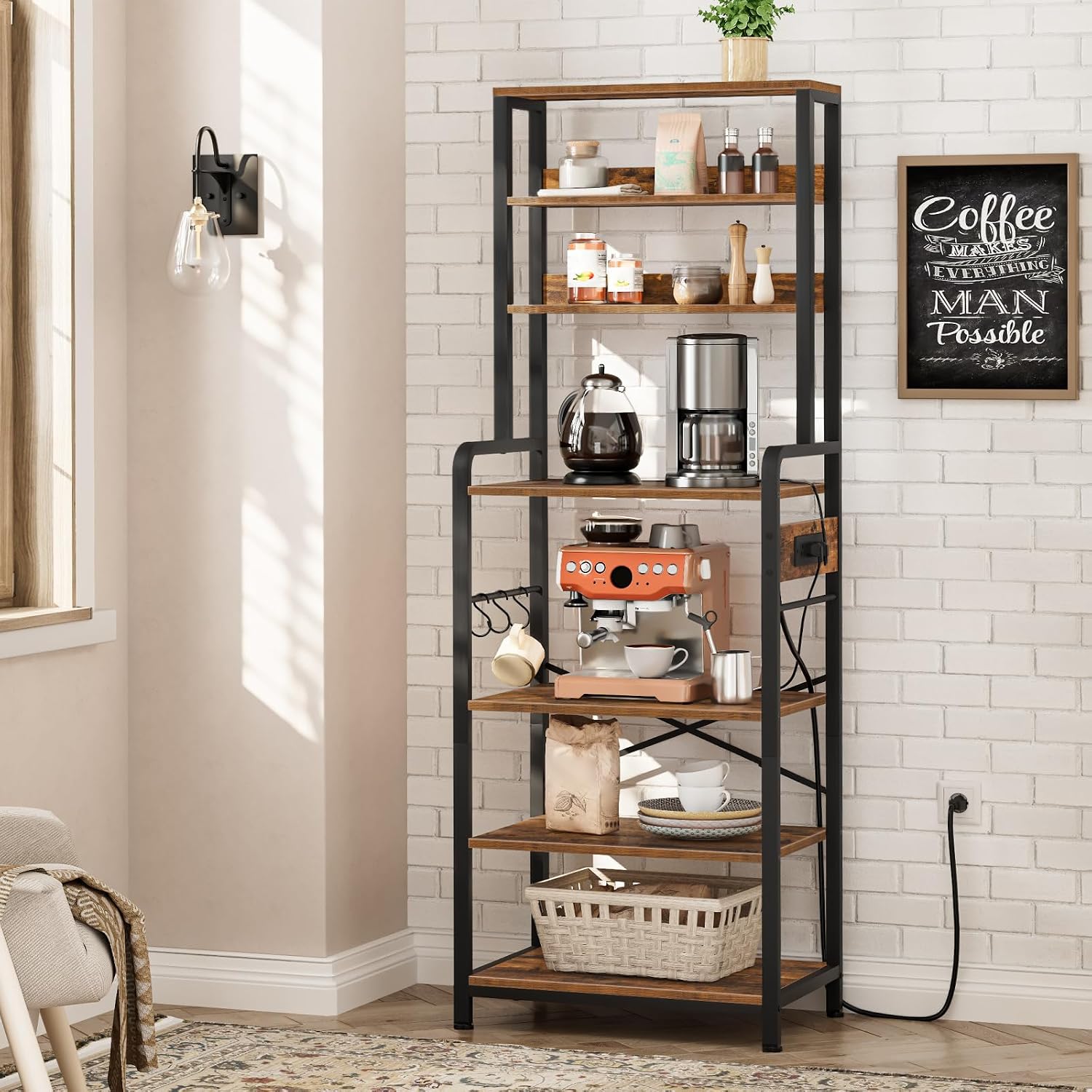 HOOBRO Bakers Rack with Power Outlet, 68.1inch Height Microwave Stand with 4 S-Shaped Hooks, 7-Tier Kitchen Storage Shelf Rack, Coffee Bar, for Kitchen, Living Room, Rustic Brown BF06HB01