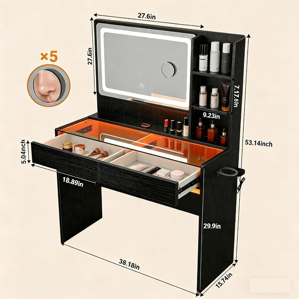 Makeup Vanity Desk with Smart LED Mirror & RGB Lights, Glass Top Peach Mo...